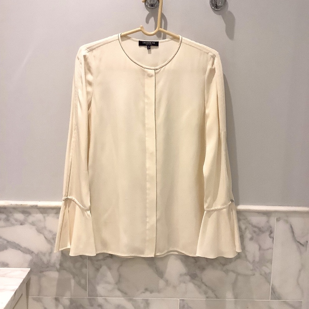 Lafayette 148 New York Ivory Silk Blouse with Silver detail